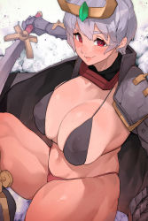 Rule 34 | 1girl, armor, bikini, bikini top only, blush, breasts, cape, circlet, cleavage, covered erect nipples, female focus, gauntlets, grey hair, groin, hair between eyes, highres, holding, holding sword, holding weapon, large breasts, leg up, legs, light smile, looking at viewer, makingtawawa, navel, parted lips, red eyes, short hair, shoulder armor, simple background, smile, solo, swimsuit, sword, thick thighs, thighs, thong, weapon, white background