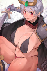 1girl armor bikini bikini_top_only blush breasts cape circlet cleavage covered_erect_nipples female_focus gauntlets grey_hair groin hair_between_eyes highres holding holding_sword holding_weapon large_breasts leg_up legs light_smile looking_at_viewer makingtawawa navel parted_lips red_eyes short_hair shoulder_armor simple_background smile solo swimsuit sword thick_thighs thighs thong weapon white_background