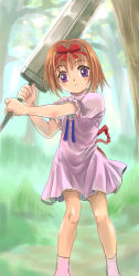 Rule 34 | 1girl, big sword, brown hair, child, dress, forest, hair ribbon, hairband, highres, mutsuki (moonknives), nature, non-web source, purple eyes, ribbon, short hair, solo, source request, sword, weapon