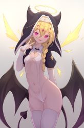 Rule 34 | 1girl, absurdres, bat wings, blonde hair, braid, breasts, cowboy shot, demon tail, gradient background, habit, hair between eyes, halo, highres, jewelry, navel, open mouth, original, pink eyes, ring, single braid, skindentation, small breasts, solo, standing, tail, thighhighs, trimbil, v, white thighhighs, wings