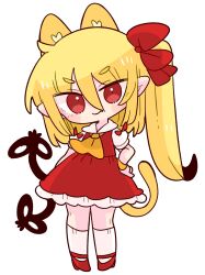 Rule 34 | 1girl, animal ears, ascot, blonde hair, cat ears, cat girl, cat tail, chibi, collared shirt, crystal, fang, flandre scarlet, frilled shirt collar, frilled skirt, frilled sleeves, frills, highres, medium hair, no headwear, one side up, op na yarou, puffy short sleeves, puffy sleeves, red eyes, red footwear, red ribbon, red skirt, red vest, ribbon, shirt, short sleeves, simple background, skirt, skirt set, solo, tail, touhou, vest, white background, white shirt, wrist cuffs, yellow ascot