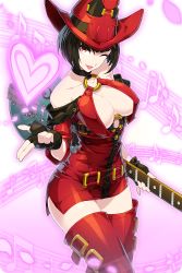 Rule 34 | 1girl, bare shoulders, beamed eighth notes, black gloves, black hair, blowing kiss, boots, breasts, cleavage, comiccho, eighth note, fingerless gloves, gloves, guilty gear, guitar, hat, heart, highres, i-no, instrument, large breasts, lipstick, looking at viewer, makeup, mole, mole above mouth, musical note, o-ring, one eye closed, quarter note, red eyes, red footwear, red hat, short hair, soccer spirits, solo, standing, thigh boots, thighhighs, transparent background, witch hat