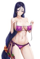 Rule 34 | 1girl, absurdres, bikini, unworn bikini top, black hair, blue eyes, breasts, closed mouth, collarbone, cowboy shot, cryturtle, eyepatch bikini, fate/grand order, fate (series), gluteal fold, hair ornament, hands up, highres, holding, holding clothes, holding swimsuit, large breasts, long hair, looking at viewer, low-tied long hair, minamoto no raikou (fate), minamoto no raikou (fate/grand order), minamoto no raikou (swimsuit lancer) (fate), minamoto no raikou (swimsuit lancer) (third ascension) (fate), navel, official alternate costume, purple bikini, purple hair, side-tie bikini bottom, simple background, smile, solo, stomach, swimsuit, thighs, white background