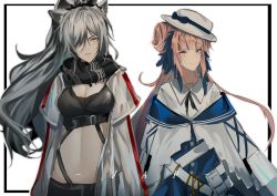 Rule 34 | 2girls, animal ears, arknights, black scarf, blue dress, blue feathers, bow, breasts, cat ears, ceylon (arknights), chinese commentary, chouchouhei, cleavage, commentary request, dress, feather hair, feathers, grey jacket, hair bun, hair over one eye, hat, hat bow, highres, jacket, long hair, long sleeves, looking at viewer, medium breasts, midriff, multiple girls, navel, open clothes, open jacket, outside border, pink hair, scarf, schwarz (arknights), shirt, silver hair, simple background, single hair bun, stomach, upper body, very long hair, white background, white headwear, white shirt, yellow eyes