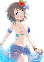 Rule 34 | 1girl, arm garter, ass, bikini, blue bikini, blue eyes, blush, bow, breasts, brown hair, clothes lift, commentary request, cowboy shot, from behind, hair bow, halterneck, looking at viewer, looking back, love live!, love live! school idol festival, love live! sunshine!!, medium breasts, open mouth, print sarong, sankuro (agoitei), sarong, sarong lift, see-through, short hair, sideboob, simple background, solo, standing, swimsuit, watanabe you, white background