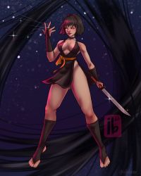 Rule 34 | 1girl, 2022, artist request, bare legs, bare shoulders, black dress, black gloves, black hair, bob cut, breasts, cleavage, dated, dress, fingerless gloves, full body, gloves, hair ribbon, hairband, highres, holding, holding sword, holding weapon, inuyasha, katana, large breasts, lips, lipstick, looking to the side, makeup, medium breasts, night, night sky, no bra, no panties, pink eyes, red ribbon, revealing clothes, ribbon, sakasagami no yura, sash, shiny clothes, shiny skin, short dress, short hair, silk, skull, sky, solo, string, sword, weapon, wide hips