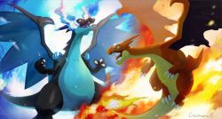 Rule 34 | blue fire, breath weapon, charizard, claws, commentary request, creatures (company), fangs, fire, flame-tipped tail, game freak, gen 1 pokemon, green eyes, mega charizard x, mega charizard y, mega pokemon, nintendo, no humans, open mouth, pokemon, pokemon (creature), tongue, uninori