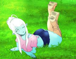 Rule 34 | ass, cyana, freckles, grass, highres, lying, nail polish, on stomach, p.m. seymour, ponytail, shorts, thick thighs, thighs, tongue, tongue out, wink