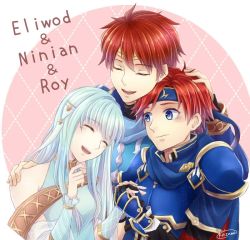 Rule 34 | 1girl, 2boys, :d, armor, bare shoulders, blue armor, blue eyes, blue hair, blush, character name, circlet, closed eyes, closed mouth, collar, couple, detached sleeves, dress, eliwood (fire emblem), embarrassed, family, father and son, fingerless gauntlets, fire emblem, fire emblem: the binding blade, fire emblem: the blazing blade, fire emblem heroes, gauntlets, hair ornament, hand on another&#039;s shoulder, happy, headband, hetero, holding hands, hug, husband and wife, kazame, light blue hair, long hair, looking at another, mother and son, multiple boys, ninian, nintendo, open mouth, pauldrons, red hair, round teeth, roy (fire emblem), short hair, shoulder armor, smile, strapless, strapless dress, teeth, tiara, time paradox, upper body, very long hair