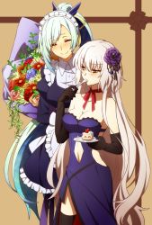 Rule 34 | 2girls, blonde hair, blue hair, blush, bouquet, breasts, brynhildr (fate), cake, choker, cleavage, dress, eating, elbow gloves, closed eyes, eyes visible through hair, fate/grand order, fate/prototype, fate/prototype: fragments of blue and silver, fate (series), flower, food, gloves, hair flower, hair ornament, jeanne d&#039;arc (fate), jeanne d&#039;arc (ruler) (fate), jeanne d&#039;arc alter (avenger) (fate), jeanne d&#039;arc alter (fate), long hair, maid, multiple girls, official alternate costume, oiun, plate, ponytail, smile, strapless, strapless dress, thighhighs, utensil in mouth