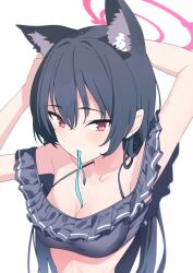 Rule 34 | 1girl, adjusting hair, animal ear fluff, animal ears, bikini, black bikini, black hair, blue archive, blush, breasts, cat ears, cleavage, closed mouth, extra ears, frilled bikini, frills, halo, highres, long hair, looking at viewer, medium breasts, official alternate costume, pink halo, red eyes, serika (blue archive), serika (swimsuit) (blue archive), simple background, solo, sunebu (snake boo2), swimsuit, upper body, white background