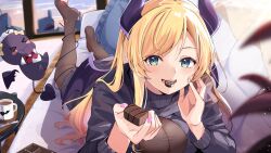 Rule 34 | 1girl, anbasa (amaneyuz13), black sweater, blonde hair, blurry, blurry background, blurry foreground, blush, bodystocking, breasts, chocolate, cleavage, cleavage cutout, clothing cutout, couch, creature, cup, demon girl, demon horns, demon tail, food, green eyes, highres, holding, holding food, hololive, horns, indoors, large breasts, long hair, long sleeves, looking at viewer, lying, mouth hold, no shoes, on stomach, open mouth, pillow, pink nails, pointy ears, see-through, see-through cleavage, sidelocks, solo, spoon, sweater, table, tail, tail around own leg, teeth hold, turtleneck, turtleneck sweater, valentine, virtual youtuber, wings, yuzuki choco