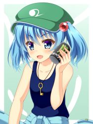 Rule 34 | &gt;:d, 1girl, :d, bare arms, bare shoulders, blue eyes, can, collarbone, drink can, energy drink, fang, flat cap, flat chest, green hat, hair bobbles, hair ornament, hat, holding, houkiboshi, jewelry, kawashiro nitori, key, looking at viewer, necklace, open mouth, pocket, short hair, sleeveless, smile, soda can, solo, tank top, tareme, team shanghai alice, touhou, two-tone background, two side up, upper body, v-shaped eyebrows
