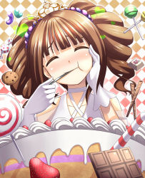 Rule 34 | 1girl, blush, brown hair, cake, candy, candy cane, chocolate, cookie, crown, drill hair, eating, closed eyes, food, fruit, gloves, hair ornament, hand on own cheek, hand on own face, heart, holding, holding spoon, icing, idolmaster, idolmaster (classic), jelly bean, lollipop, long hair, solo, spoon, strawberry, takatsuki yayoi, tog (shoten), upper body, white gloves