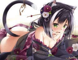 Rule 34 | 1girl, absurdres, animal ear fluff, animal ears, ass, bare shoulders, black hair, black kimono, blush, breasts, cat ears, cat girl, cat tail, cleavage, collarbone, commentary request, fang, flower, green eyes, hair flower, hair ornament, highres, japanese clothes, karyl (new year) (princess connect!), karyl (princess connect!), kimono, looking at viewer, lying, multicolored hair, natsume eri, no panties, off shoulder, on stomach, open mouth, princess connect!, print kimono, small breasts, solo, streaked hair, tail, wavy mouth, white hair