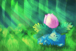 Rule 34 | absurdres, claws, closed eyes, commentary request, creatures (company), forest, full body, game freak, gen 1 pokemon, grass, highres, ivysaur, nature, nintendo, no humans, nostrils, on grass, outdoors, paimon (faimeon616), pokemon, pokemon (creature), sleeping, solo, sunlight, tree