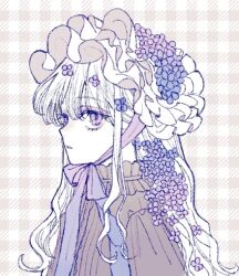 Rule 34 | 1girl, bonnet, checkered background, dress, expressionless, flower, frilled bonnet, hair flower, hair ornament, lolita fashion, long hair, looking at viewer, monochrome, naruna (star), original, parted lips, sketch, solo, upper body, wavy hair