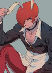 Rule 34 | 1boy, absurdres, animal ears, beniazumaru, closed mouth, collar, grey background, hair over one eye, highres, long sleeves, looking at viewer, male focus, pants, pectoral cleavage, pectorals, rabbit ears, red hair, red pants, short hair, simple background, solo, the king of fighters, yagami iori