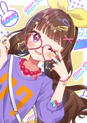 Rule 34 | 1girl, absurdres, amanogawa kirara, bag, blunt bangs, bracelet, brown hair, carrying, commentary, dutch angle, earrings, english commentary, glasses, go! princess precure, hair ornament, hair ribbon, hairclip, handbag, heart, heart-shaped eyewear, highres, hiiragi syuu, jewelry, long hair, looking at viewer, low twintails, nail polish, necklace, one eye closed, open mouth, pearl necklace, precure, print sweater, purple eyes, purple sweater, red-framed eyewear, ribbon, ring, smile, solo, star (symbol), star earrings, star hair ornament, sweater, twintails, v, yellow ribbon
