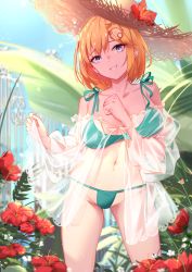 Rule 34 | 1girl, bikini, blonde hair, blue eyes, blush, breasts, collarbone, faicha, flower, green bikini, hair ornament, hat, hat flower, hololive, hololive english, large breasts, looking at viewer, navel, see-through, short hair, smile, solo, straw hat, swimsuit, thighs, virtual youtuber, watson amelia