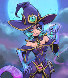 Rule 34 | 1girl, bare shoulders, bat (animal), bewitching cassiopeia, black dress, black hat, black sclera, book, breasts, cassiopeia (league of legends), cleavage, colored sclera, colored skin, detached collar, dress, gem, green eyes, green hair, hat, lamia, league of legends, monster girl, moon, phantom ix row, photoshop (medium), potion, short hair, smile, solo, tail, witch hat
