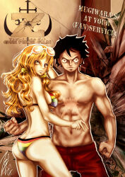 Rule 34 | 1boy, 1girl, ass, bikini, black hair, breasts, butt crack, clenched hands, closed mouth, english text, highres, large breasts, long hair, looking at viewer, medium breasts, monkey d. luffy, nami (one piece), one piece, one piece film: z, orange hair, scar, scar on chest, short hair, signature, swimsuit, topless male, zippi44