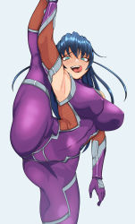 Rule 34 | absurdres, blue hair, bodysuit, breasts, highres, igawa asagi, kkun88, large breasts, open mouth, solo, split, standing, standing on one leg, standing split, taimanin (series), taimanin asagi, tongue, tongue out