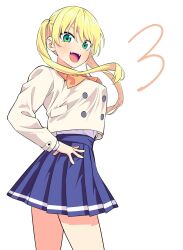Rule 34 | 1girl, blonde hair, blue eyes, blue skirt, bow, bowtie, countdown, cowboy shot, fangs, hand on own hip, highres, hiroyuki, hoshizaki rika (kanojo mo kanojo), kanojo mo kanojo, miniskirt, official art, open mouth, orange bow, orange bowtie, pleated skirt, simple background, skirt, smile, solo, teeth, twintails, upper teeth only, white background