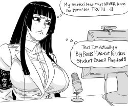Rule 34 | 1girl, armband, bb (baalbuddy), black hair, breasts, commentary, computer, english commentary, english text, frown, greyscale, highres, hime cut, large breasts, long hair, microphone, monochrome, original, school uniform, simple background, sweat, thought bubble, virtual youtuber, white background