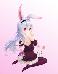 Rule 34 | 1girl, absurdres, ahoge, animal ears, aura kingdom, bare shoulders, cookman, full body, gift, gradient background, hairband, hand up, highres, long hair, looking at viewer, no shoes, pink background, purple eyes, purple thighhighs, rabbit, rabbit ears, rabbit tail, sitting, smile, solo, tail, thighhighs, valentine, white hair