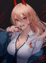 Rule 34 | 1girl, absurdres, aendi en d endei, alternate breast size, blonde hair, blood, blue sweater, breasts, chainsaw man, cleavage, cross-shaped pupils, finger in own mouth, hair between eyes, highres, horns, jacket, large breasts, long hair, looking at viewer, necktie, open clothes, open jacket, power (chainsaw man), red horns, sharp teeth, shirt, sidelocks, solo, sweater, symbol-shaped pupils, teeth, white shirt, yellow eyes
