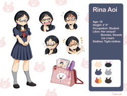 Rule 34 | 1girl, :t, ^^^, artist name, bag, black hair, blush, character age, character name, character sheet, color guide, commentary, dildo, embarrassed, english text, closed eyes, glasses, kneehighs, low twintails, magazine (object), multiple views, o o, open mouth, original, pleated skirt, rina aoi (samasan), samasan, school uniform, serafuku, sex toy, short twintails, skirt, smile, socks, twintails, vibrator, wide-eyed, x arms