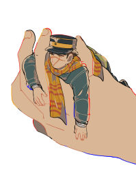 Rule 34 | 1boy, black footwear, blue coat, brown eyes, brown hair, closed mouth, coat, commentary request, facial scar, full body, gakushuinabe, giant hand, golden kamuy, grey headwear, hat, highres, holding, imperial japanese army, kepi, long sleeves, looking away, lying, male focus, military, military hat, military uniform, on stomach, pants, scar, scar on cheek, scar on face, scar on mouth, scar on nose, scarf, shirt, short hair, simple background, star (symbol), sugimoto saichi, two-tone headwear, uniform, white shirt, yellow headwear, yellow scarf
