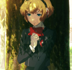 Rule 34 | 1girl, aegis (persona), android, atlus, blonde hair, blue eyes, gloves, highres, persona, persona 3, ribbon, robot ears, school uniform, screencap, short hair, stitched, third-party edit, tree