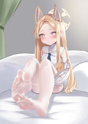 Rule 34 | 1girl, absurdres, animal ears, blonde hair, blue archive, blush, detached sleeves, dress, extra ears, feet, foot focus, forehead, fox ears, halo, highres, indoors, knees up, long hair, looking at viewer, lts kakuyo, on bed, pantyhose, parted bangs, sailor collar, seia (blue archive), sitting, sleeveless, sleeveless dress, soles, solo, straight hair, sweatdrop, toes, very long hair, white pantyhose