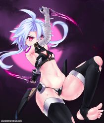 Rule 34 | 1girl, arm up, armpits, ass, bandaged arm, bandages, bare shoulders, black gloves, black panties, black thighhighs, blood, blue hair, cameltoe, cleft of venus, cosplay, crop top, dagger, dual wielding, fate (series), feet, full moon, gloves, glowing, glowing eyes, glowing weapon, groin, highres, holding, holding dagger, holding knife, holding weapon, jack the ripper (fate/apocrypha), jack the ripper (fate/apocrypha) (cosplay), jumping, knee up, knife, leg up, looking at viewer, midriff, moon, navel, neptune (series), night, night sky, panties, partially visible vulva, power symbol, power symbol-shaped pupils, purple moon, red eyes, revealing clothes, sereneandsilent, short hair with long locks, shoulder tattoo, single glove, sky, sleeveless, solo, stomach, symbol-shaped pupils, tattoo, thighhighs, thighs, torn clothes, torn thighhighs, underwear, weapon, white heart (neptunia)