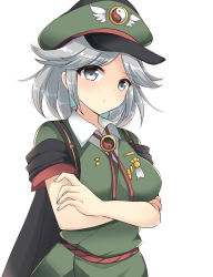 Rule 34 | black cape, breasts, cape, closed mouth, collared shirt, commentary request, crossed arms, fujiwara no shirogane no sanra, genderswap, genderswap (otf), green hat, grey eyes, grey hair, hat, highres, len&#039;en, medium breasts, medium hair, military, military hat, military uniform, ougi hina, shirt, simple background, uniform, upper body, white background, white shirt, yin yang