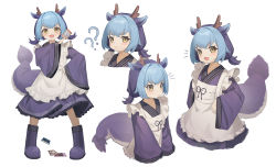 Rule 34 | 1girl, :d, ?, ??, absurdres, animal ears, apron, blue hair, blush, boots, card, closed mouth, commentary, cropped torso, dragon girl, dragon horns, dragon tail, duel monster, eyelashes, fang, frilled apron, frills, hand up, highres, holding, holding card, horns, japanese clothes, kimono, laundry dragonmaid, lmonster guai, long sleeves, looking at viewer, low twintails, maid, maid apron, multicolored hair, multiple views, notice lines, open mouth, purple footwear, purple hair, purple kimono, short hair, short twintails, sidelocks, simple background, skin fang, smile, tail, twintails, two-tone hair, upper body, v-shaped eyebrows, wa maid, white apron, white background, wide sleeves, yellow eyes, yu-gi-oh!