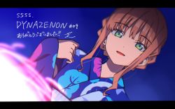 Rule 34 | 1girl, blue background, blue kimono, brown hair, copyright name, episode number, green eyes, gridman universe, hair behind ear, head tilt, highres, japanese clothes, kimono, letterboxed, looking at viewer, minami yume, open mouth, piko han, sidelocks, smile, solo, ssss.dynazenon, upper body, yukata