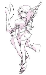 Rule 34 | 1girl, aquaplus, arrow (projectile), boots, bow (weapon), breasts, closed mouth, from side, hair between eyes, holding, holding arrow, holding bow (weapon), holding weapon, kanyoko (yuzukano 17), large breasts, long sleeves, looking at viewer, monochrome, nknlak, nosuri, sidelocks, smile, solo, standing, standing on one leg, thighhighs, thighs, utawarerumono, utawarerumono: itsuwari no kamen, weapon, wide sleeves