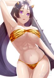 Rule 34 | 1girl, abs, arm up, armpits, bikini, breasts, bright pupils, cleavage, club, club (weapon), fate/grand order, fate (series), highres, holding, holding weapon, kanabou, large breasts, long hair, looking at viewer, minamoto no raikou (fate), moipoppo moi, navel, oni costume, open mouth, print bikini, purple eyes, signature, simple background, solo, spiked club, swimsuit, very long hair, weapon, white background