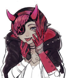 Rule 34 | 1girl, animification, apex legends, black headwear, black jacket, blue eyes, breasts, cleavage, cyber punked wattson, cyberpunk, eyepatch, horns, jacket, lipstick, makeup, mechanical arms, mine a, official alternate costume, one eye covered, pink hair, purple lips, single mechanical arm, sketch, solo, tongue, tongue out, unfinished, upper body, wattson (apex legends)