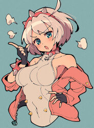 Rule 34 | 1girl, black gloves, blue background, breasts, collarbone, covered navel, elphelt valentine, fingerless gloves, gloves, grey hair, guilty gear, hairband, highres, index finger raised, itsuka neru, jacket, large breasts, looking at viewer, open mouth, pink jacket, short hair, sideboob, simple background, solo, upper body