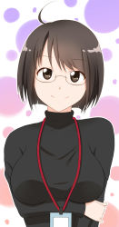 Rule 34 | 10s, 1girl, absurdres, ahoge, bad id, bad pixiv id, black hair, breasts, glasses, highres, lanyard, large breasts, looking at viewer, servant x service, shirt, short hair, smile, solo, sweater, taut clothes, taut shirt, turtleneck, x&amp;x&amp;x, yamagami lucy
