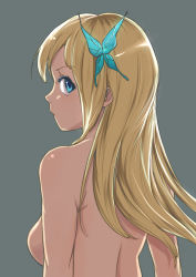 Rule 34 | 10s, 1girl, bad id, bad pixiv id, black background, blonde hair, blue eyes, boku wa tomodachi ga sukunai, breasts, butterfly hair ornament, female focus, from behind, hair ornament, highres, kashiwazaki sena, long hair, looking at viewer, looking back, mizumori omizu, nude, omizu 365, profile, simple background, small breasts, solo, topless frame, upper body
