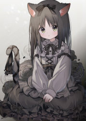 Rule 34 | 1girl, :o, animal ear fluff, animal ears, black bow, black bowtie, black ribbon, blush, bow, bowtie, cat ears, cat girl, cat tail, collared dress, d omm, dress, frilled dress, frills, grey dress, grey hair, grey theme, hair bow, lolita fashion, long hair, long sleeves, looking at viewer, original, own hands together, ribbon, solo, striped, striped bow, tail, tail ornament, tail raised, tail ribbon