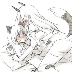 Rule 34 | 2girls, animal ears, bed, blush, cat ears, cat tail, couple, eila ilmatar juutilainen, eye contact, fox ears, fox tail, holding another&#039;s wrist, lingerie, long hair, looking at another, lying, monochrome, multiple girls, sanya v. litvyak, short hair, strike witches, sweatdrop, tail, trembling, underwear, world witches series, yukiiti, yuri