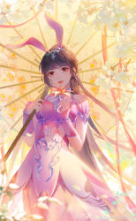 Rule 34 | 1girl, absurdres, animal ears, artist request, branch, brown hair, douluo dalu, dress, falling petals, flower, from below, hair ornament, highres, petals, pink dress, ponytail, rabbit ears, second-party source, smile, solo, streamers, umbrella, upper body, xiao wu (douluo dalu)