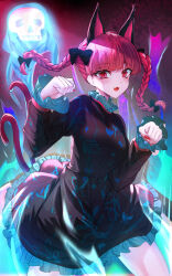 Rule 34 | 1girl, :d, absurdres, animal ears, aura, black dress, bow, braid, cat ears, cat girl, cat tail, commentary request, cowboy shot, dress, extra ears, fangs, fingernails, floating skull, frilled dress, frilled sleeves, frills, hair bow, hands up, highres, hitodama, kaenbyou rin, long hair, long sleeves, looking at viewer, multiple tails, nyarocks, open mouth, red bow, red eyes, red hair, red nails, sharp fingernails, smile, solo, tail, touhou, twin braids, two tails
