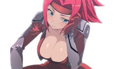 Rule 34 | 1girl, blue eyes, blush, bodysuit, breasts, cleavage, code geass, hand on own face, headband, highres, kouzuki kallen, large breasts, legs, looking at viewer, red hair, short hair, sitting, solo, sweat, thighs